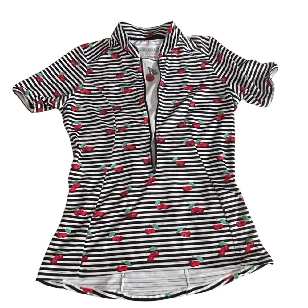 Shebeest Womens Cycling Jersey Small Black White Striped Cherry Print Half Zip